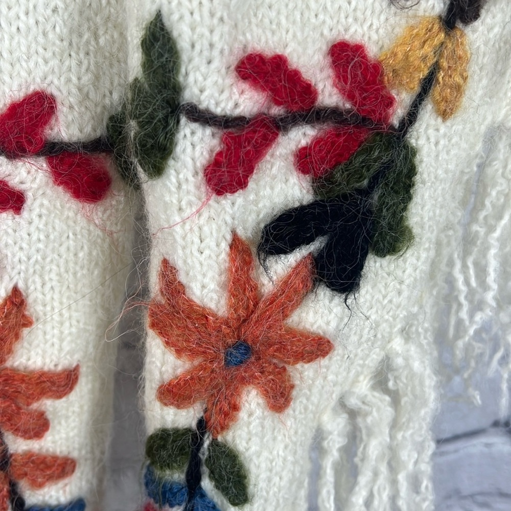 Hand Crafted Floral Embroidered Scarf - Cream, Red, Blue, Yellow - Picture 4 of 6